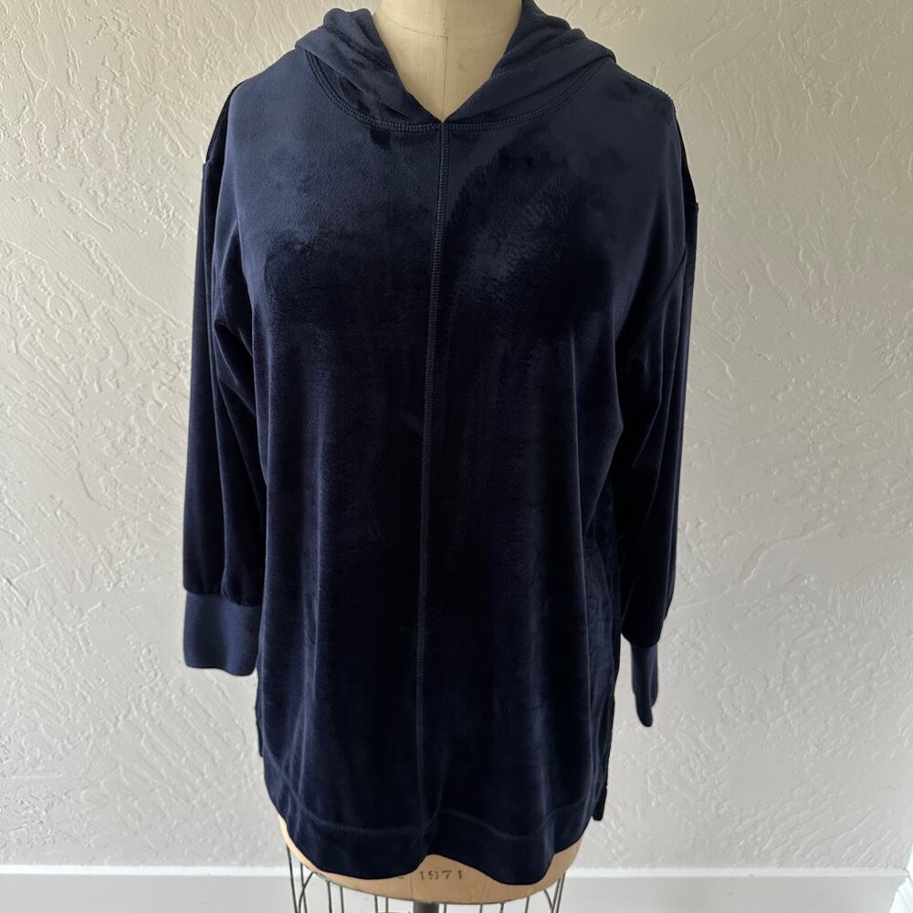 CHICOS Zenergy | Womens Velour Hoodie Top Size Small Athleisure Navy Blue Comfy